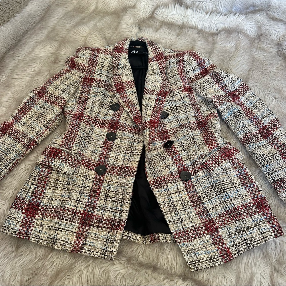 Zara Red, Cream & Black Tweed Double-Breasted Blazer